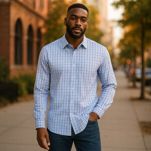 Bonobos Wrinkle Free Standard Fit Blue Plaid Button Up Cotton Shirt Men15.5x35